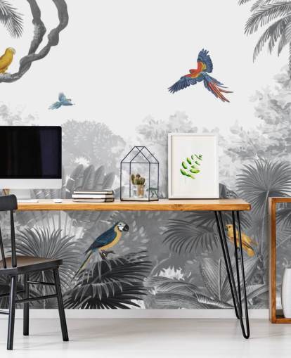 black and white jungle with colorful birds wallpaper black and white jungle with colorful birds wallpaper