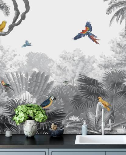 fondo de pantalla de jungla en blanco y negro con pájaros de colores fondo de pantalla de jungla en blanco y negro con pájaros de colores