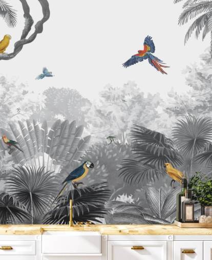 fondo de pantalla de jungla en blanco y negro con pájaros de colores