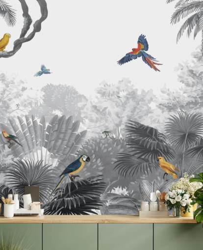 fondo de pantalla de jungla en blanco y negro con pájaros de colores