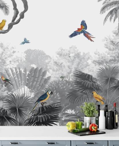 schwarz-weißer Dschungel mit bunter Vogel-Tapete