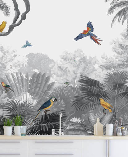 papel de parede de selva preto e branco com pássaros coloridos