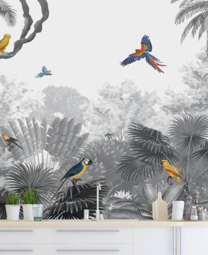 fondo de pantalla de jungla en blanco y negro con pájaros de colores