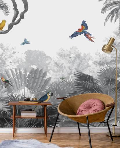 fondo de pantalla de jungla en blanco y negro con pájaros de colores