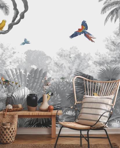 fondo de pantalla de jungla en blanco y negro con pájaros de colores