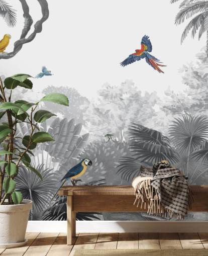 black and white jungle with colorful birds wallpaper