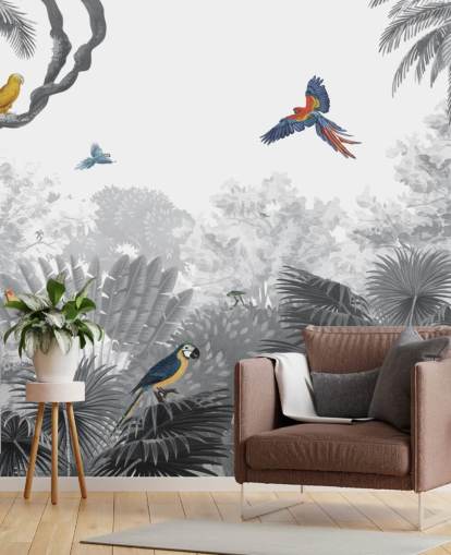 black and white jungle with colourful birds wallpaper
