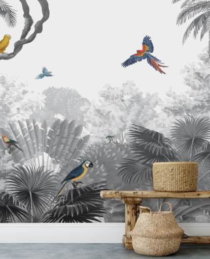 papel de parede de selva preto e branco com pássaros coloridos