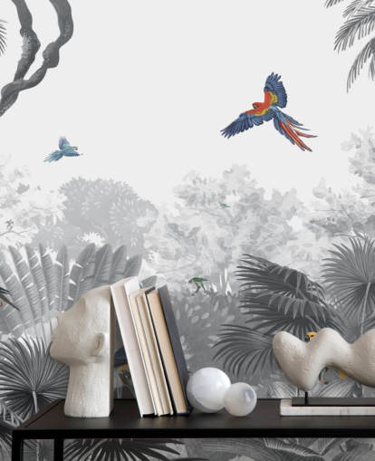 papel de parede de selva preto e branco com pássaros coloridos