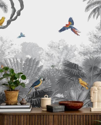 fondo de pantalla de jungla en blanco y negro con pájaros de colores fondo de pantalla de jungla en blanco y negro con pájaros de colores