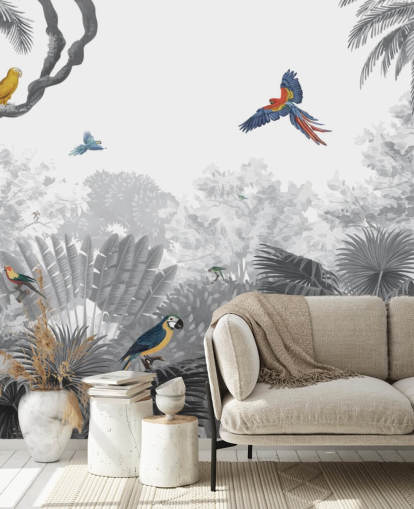 black and white jungle with colourful birds wallpaper