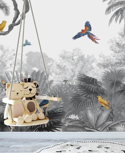 papier peint jungle noire et blanche avec oiseaux colorés