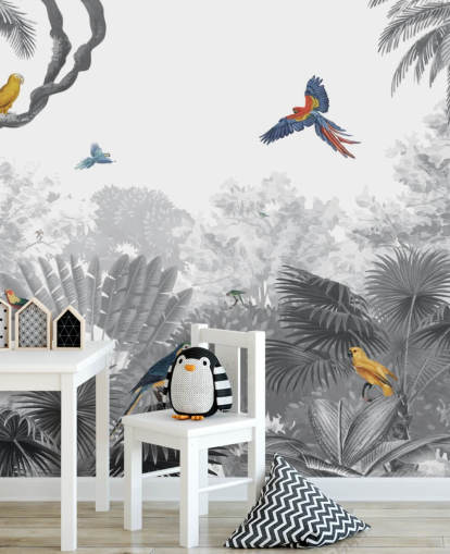 papel de parede de selva preto e branco com pássaros coloridos