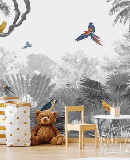 zwart-witte jungle met kleurrijk vogelbehang