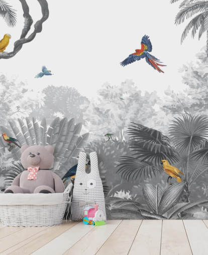 fondo de pantalla de jungla en blanco y negro con pájaros de colores