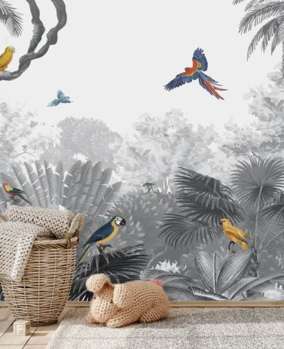 papel de parede de selva preto e branco com pássaros coloridos papel de parede de selva preto e branco com pássaros coloridos