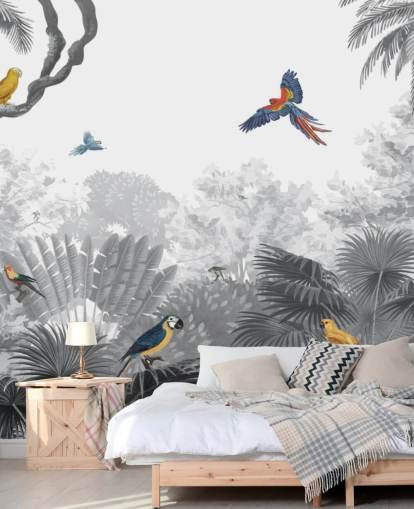 black and white jungle with colourful birds wallpaper