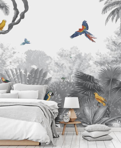 zwart-witte jungle met kleurrijk vogelbehang