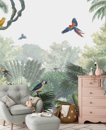 behang voor tropische junglepapegaaien