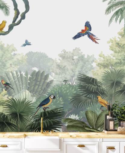 behang voor tropische junglepapegaaien