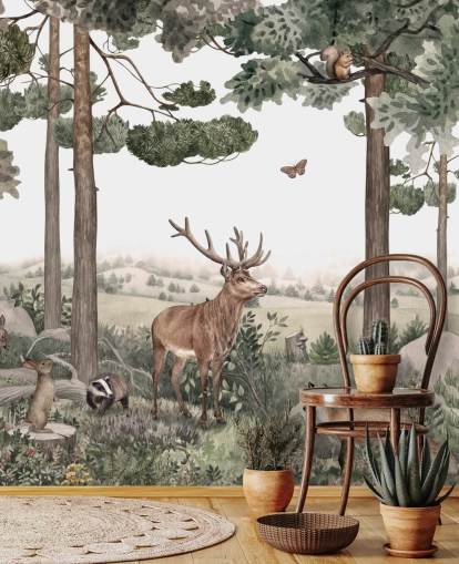  skogsdyr i skog tapet 