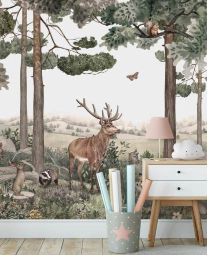  woodland animals in forest wallpaper 