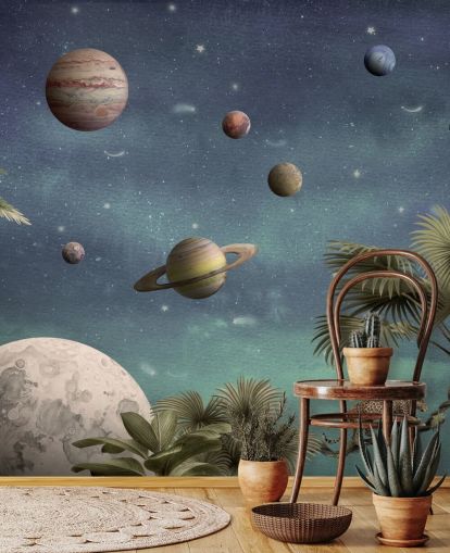 planets above jungle wallpaper