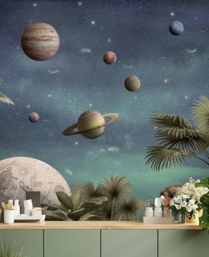 planets above jungle wallpaper