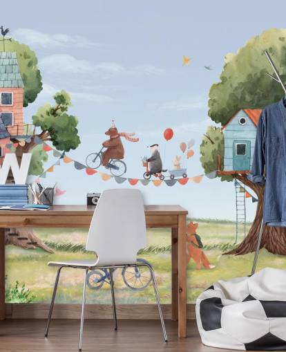 papier peint animaux de pépinière et cabanes