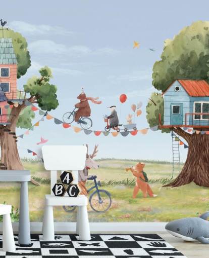 kinderkamerdieren en boomhutten behang