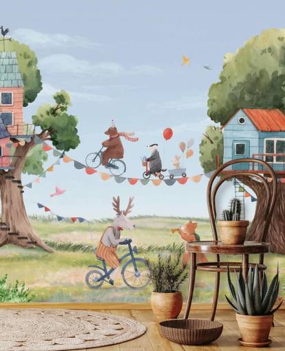 nursery animals and tree houses wallpaper