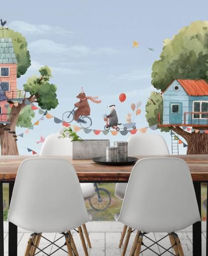 nursery animals and tree houses wallpaper