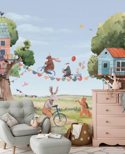 nursery animals and tree houses wallpaper