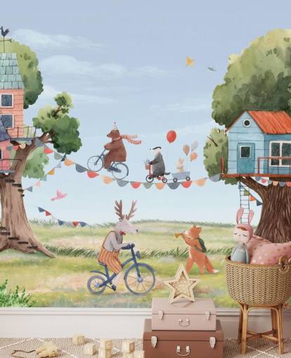 nursery animals and tree houses wallpaper