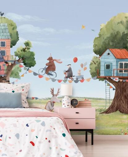 animais de viveiro e casas na árvore papel de parede