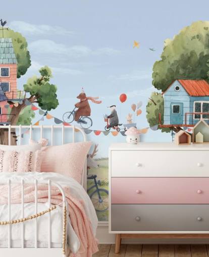 nursery animals and tree houses wallpaper