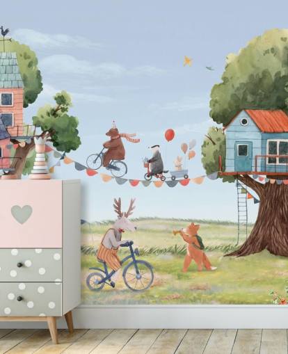 nursery animals and tree houses wallpaper