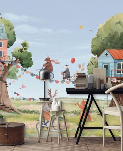 nursery animals and tree houses wallpaper