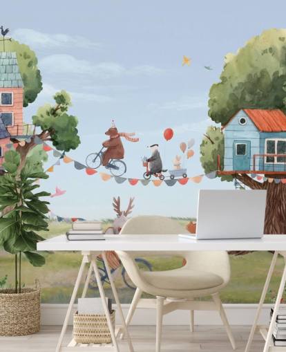 nursery animals and tree houses wallpaper