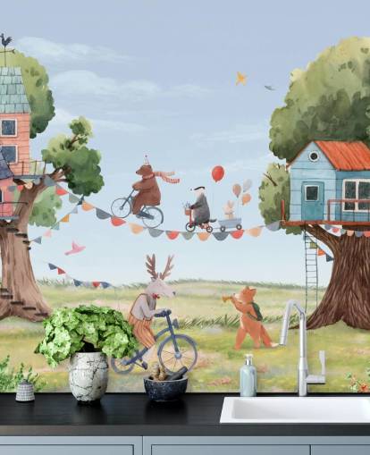nursery animals and tree houses wallpaper