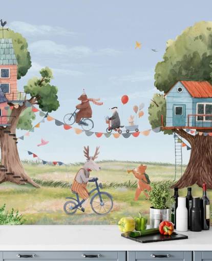 nursery animals and tree houses wallpaper
