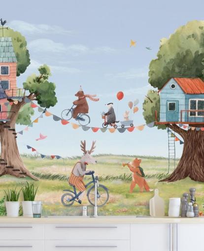 papel pintado de animales de vivero y casas