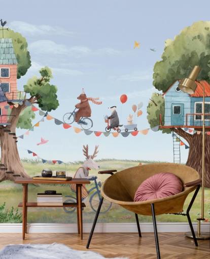kinderkamerdieren en boomhutten behang