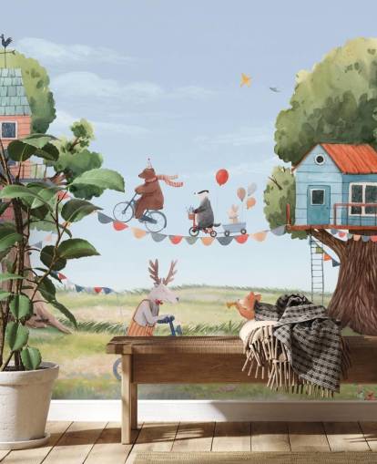nursery animals and tree houses wallpaper