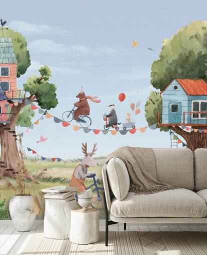 nursery animals and tree houses wallpaper