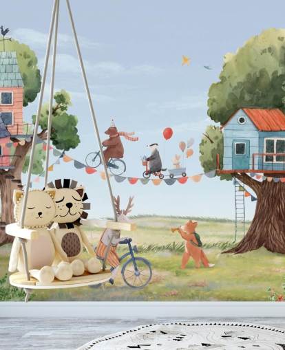nursery animals and tree houses wallpaper