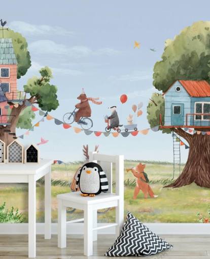 nursery animals and tree houses wallpaper