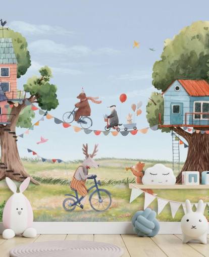 nursery animals and tree houses wallpaper