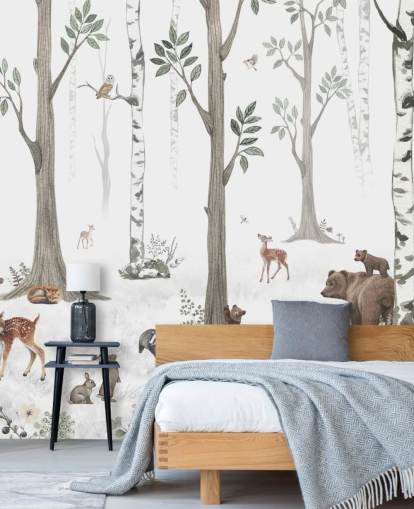 white, black, sage green with woodland animals wallpaper
