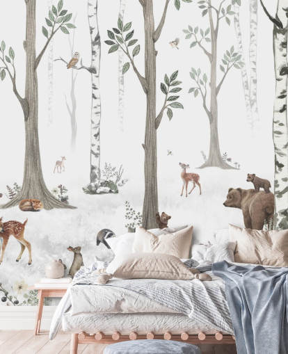 white, black, sage green with woodland animals wallpaper